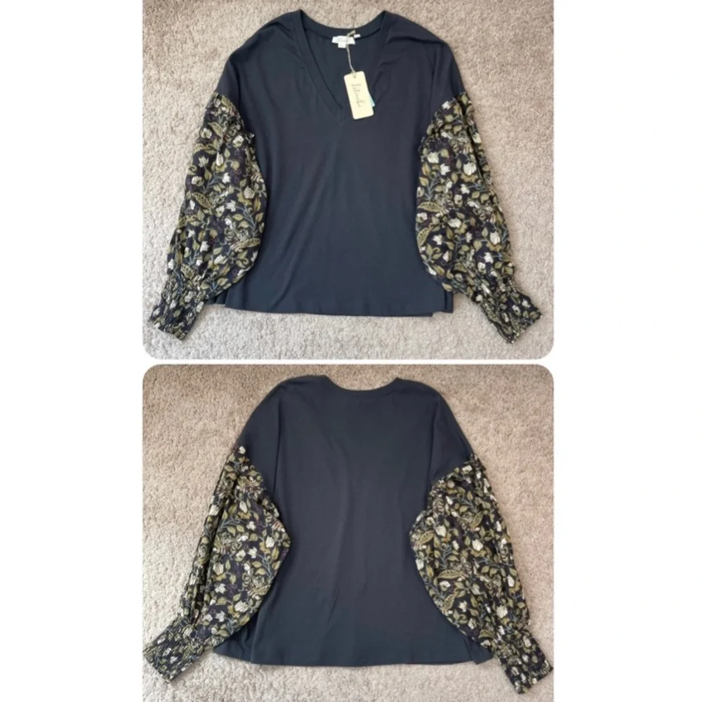 Anthropologie Plus Let Me Be Sydney Long Puff-Sleeved Black Floral Blouse Top 1X - Picture 15 of 16